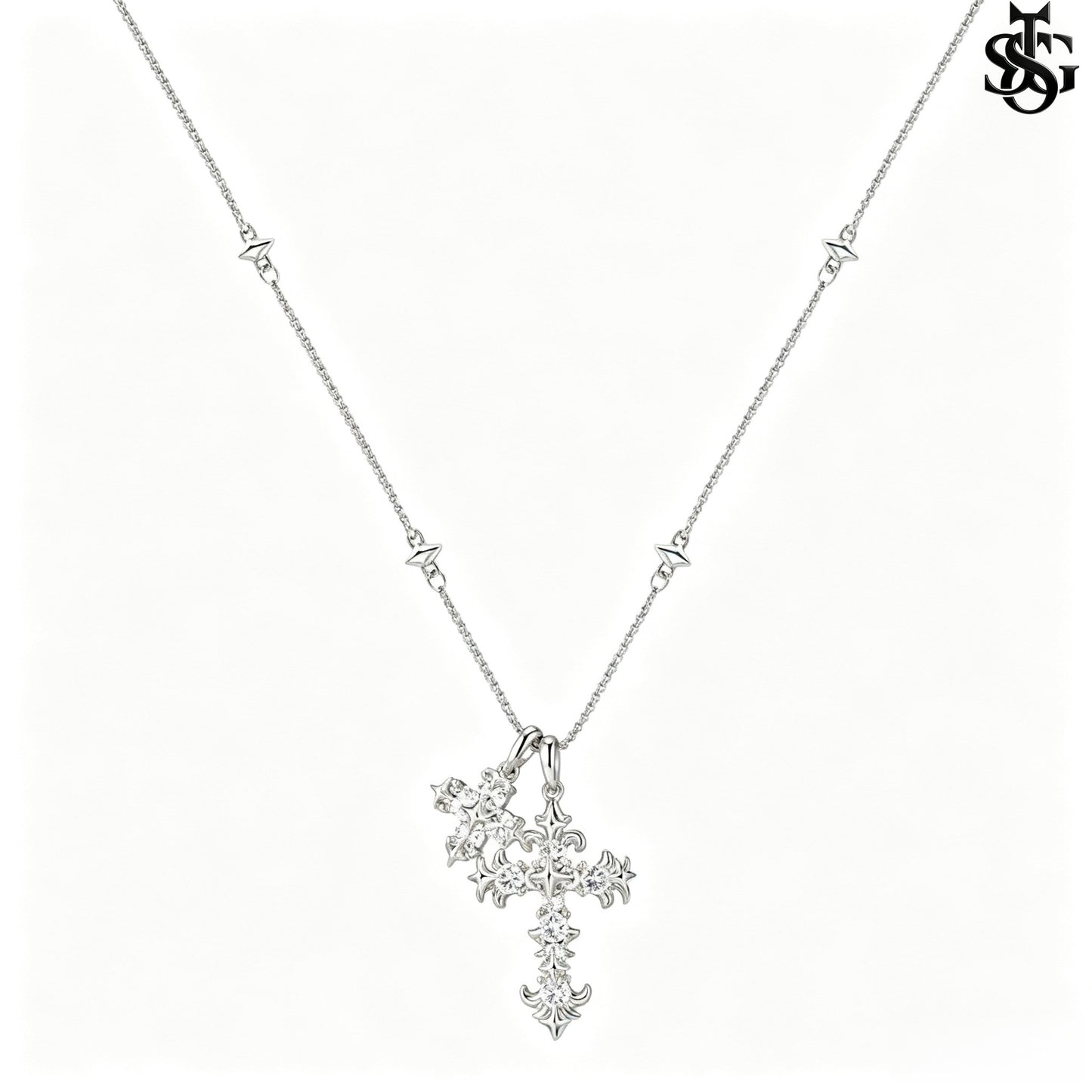 Crystal Double Cross Necklace – Gold CZ Pendant Satellite Chain