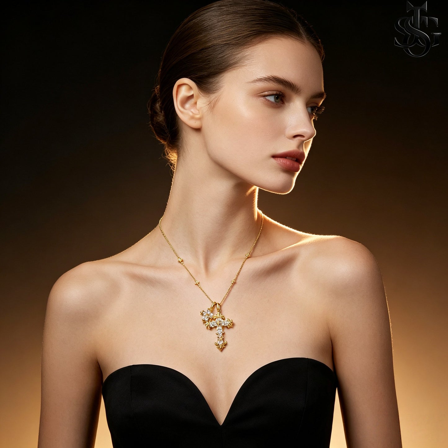 Crystal Double Cross Necklace – Gold CZ Pendant Satellite Chain