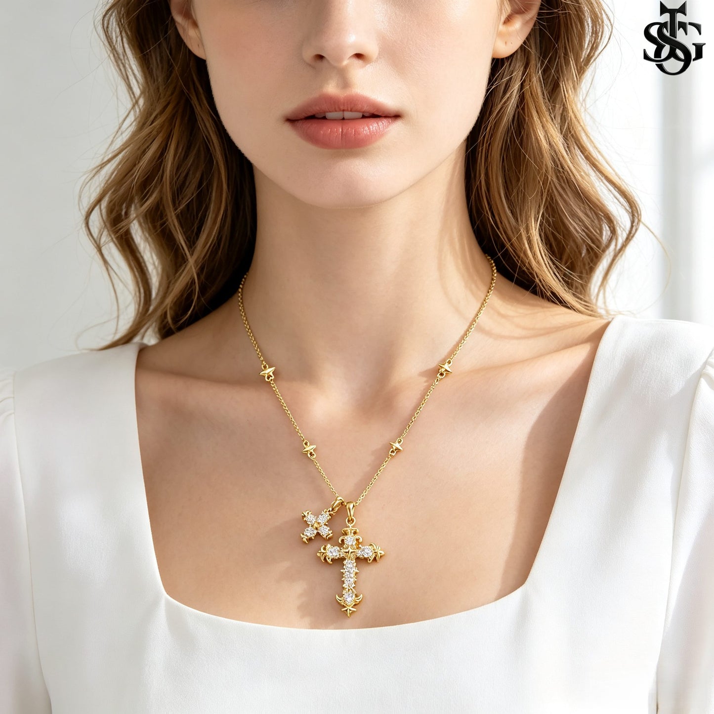 Crystal Double Cross Necklace – Gold CZ Pendant Satellite Chain