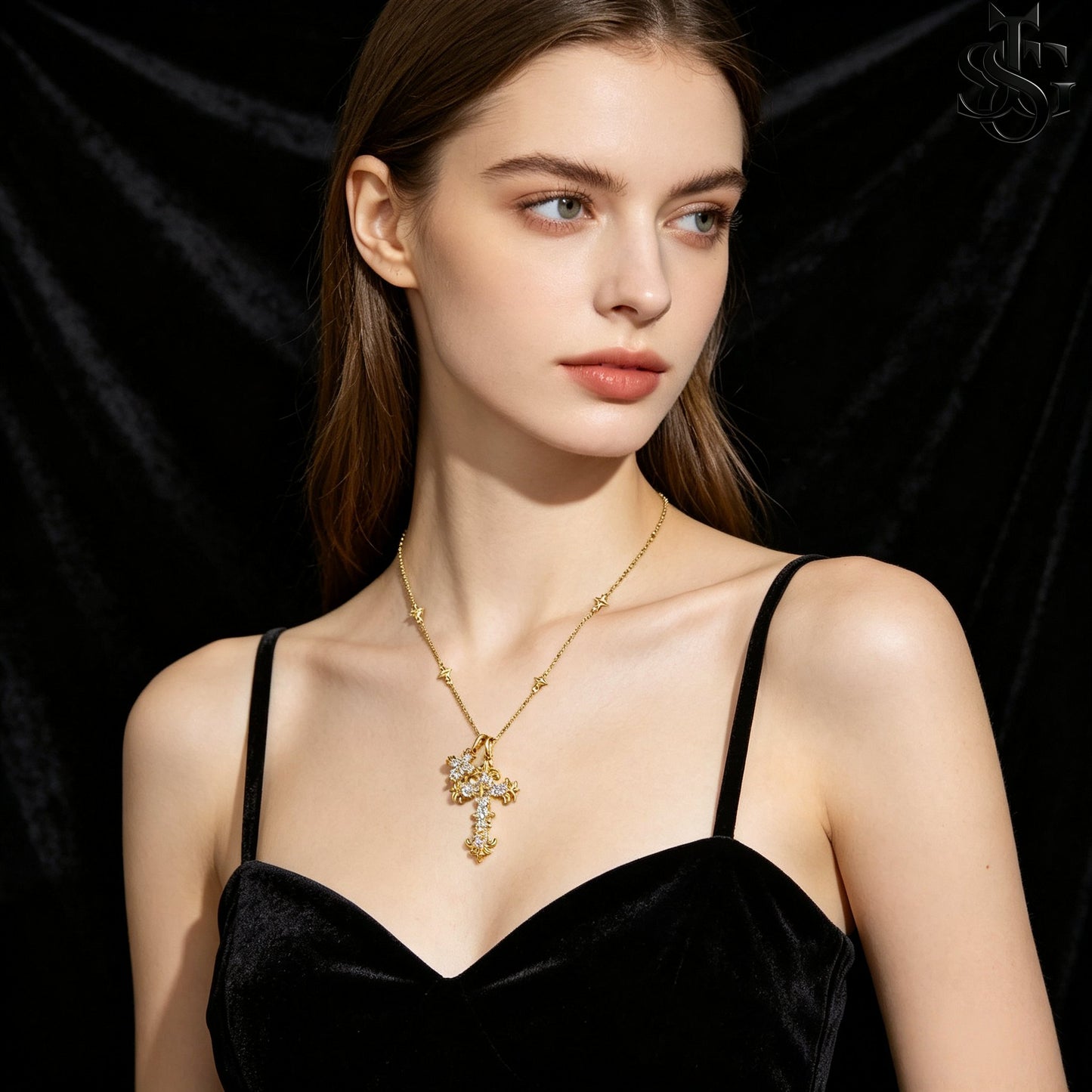 Crystal Double Cross Necklace – Gold CZ Pendant Satellite Chain