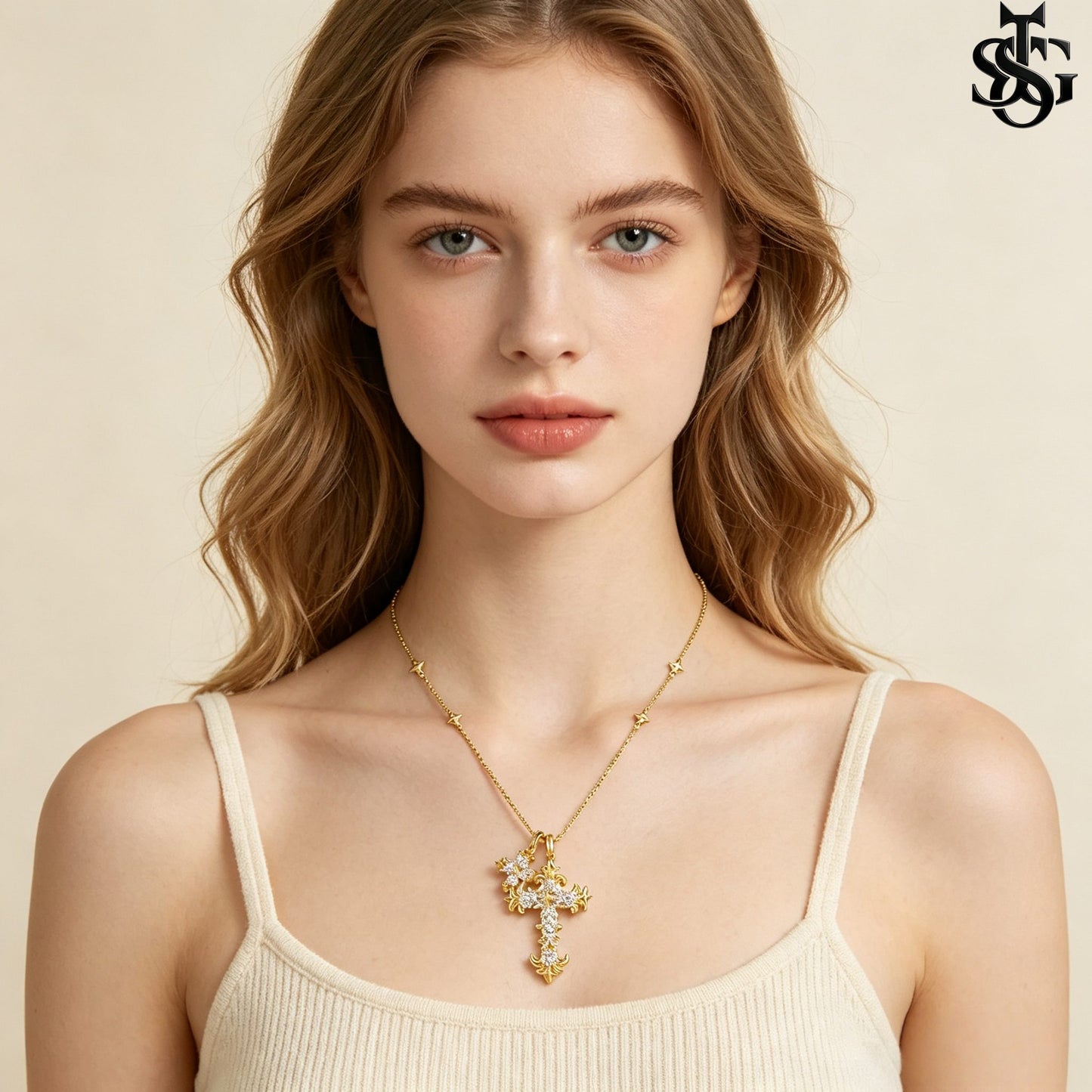 Crystal Double Cross Necklace – Gold CZ Pendant Satellite Chain