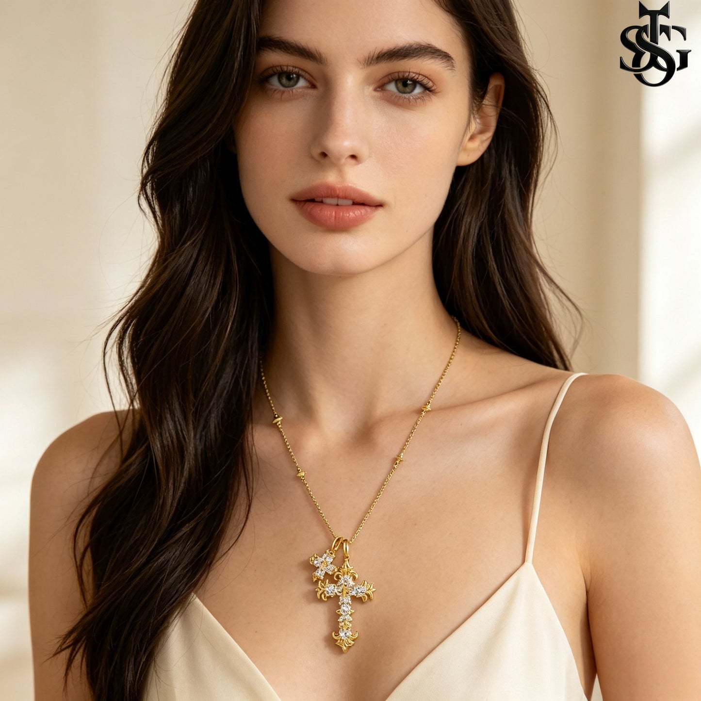 Crystal Double Cross Necklace – Gold CZ Pendant Satellite Chain