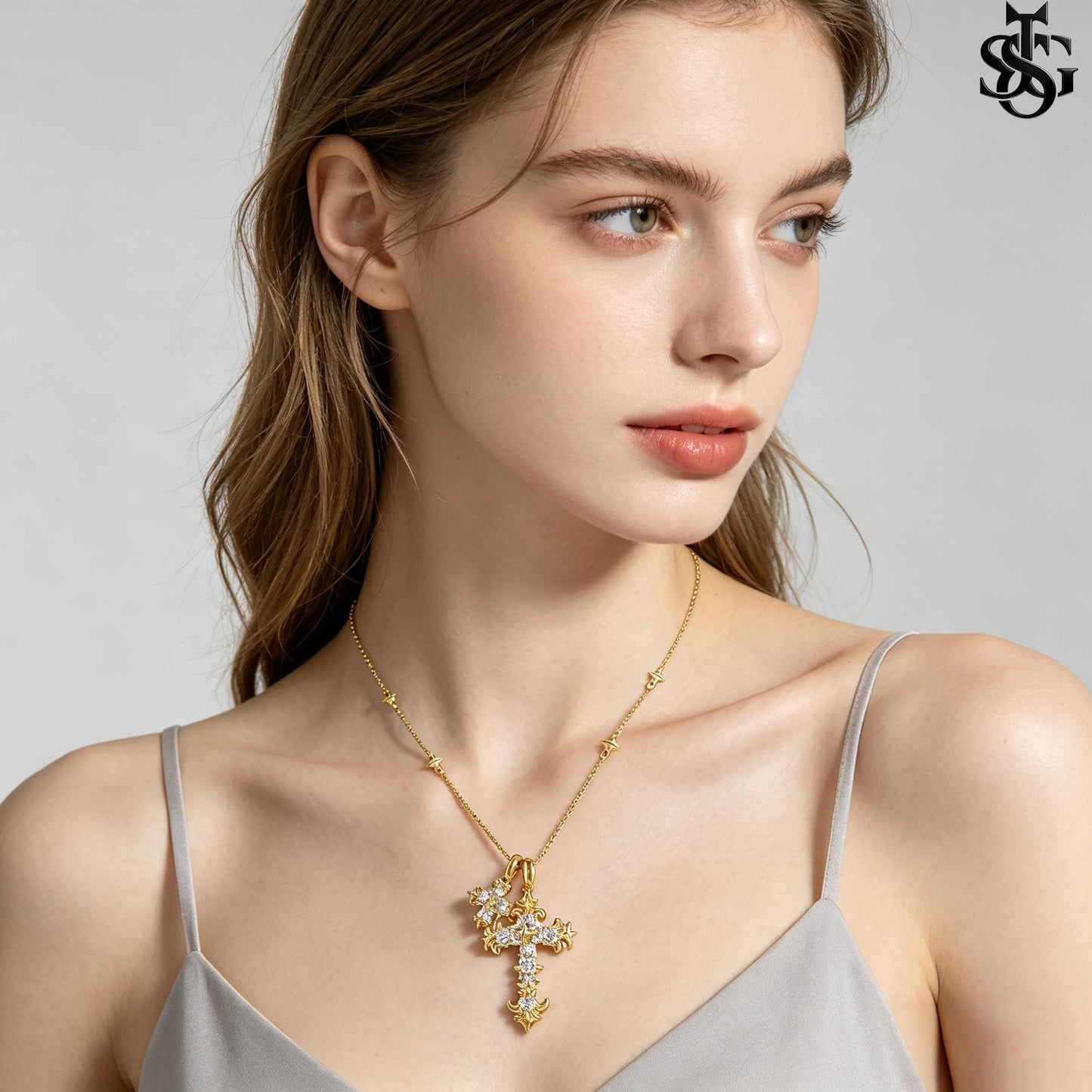 Crystal Double Cross Necklace – Gold CZ Pendant Satellite Chain