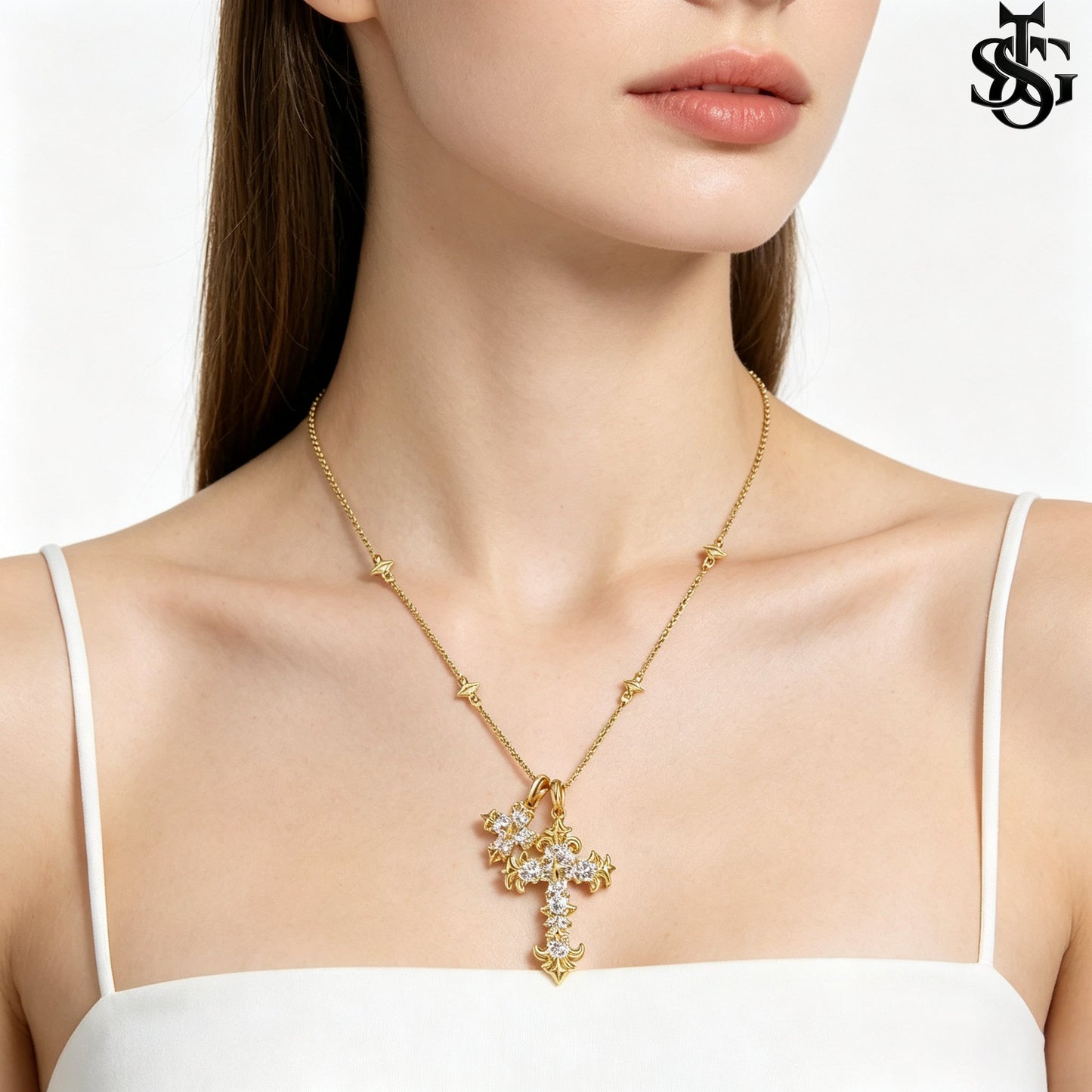 Crystal Double Cross Necklace – Gold CZ Pendant Satellite Chain