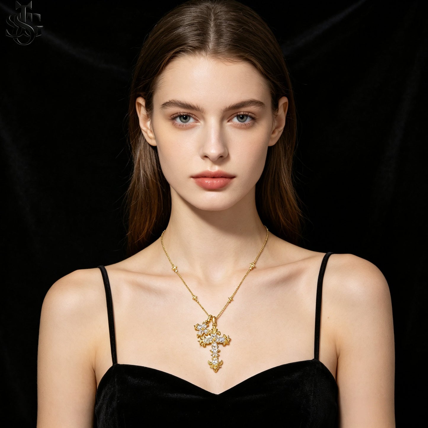 Crystal Double Cross Necklace – Gold CZ Pendant Satellite Chain