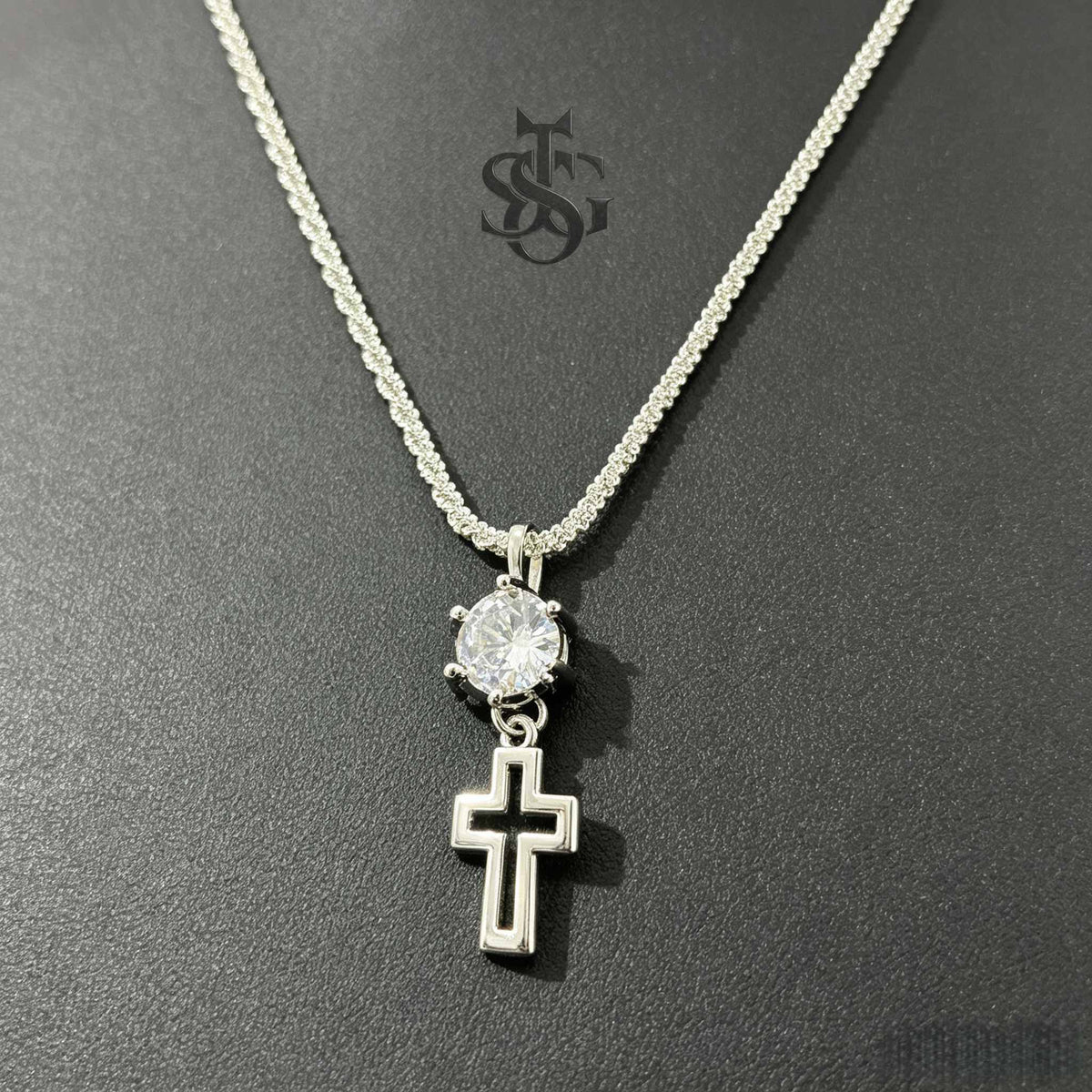 Sparkling Crystal Cross Pendant Necklace – Silver Rope Chain Christian Faith Jewelry