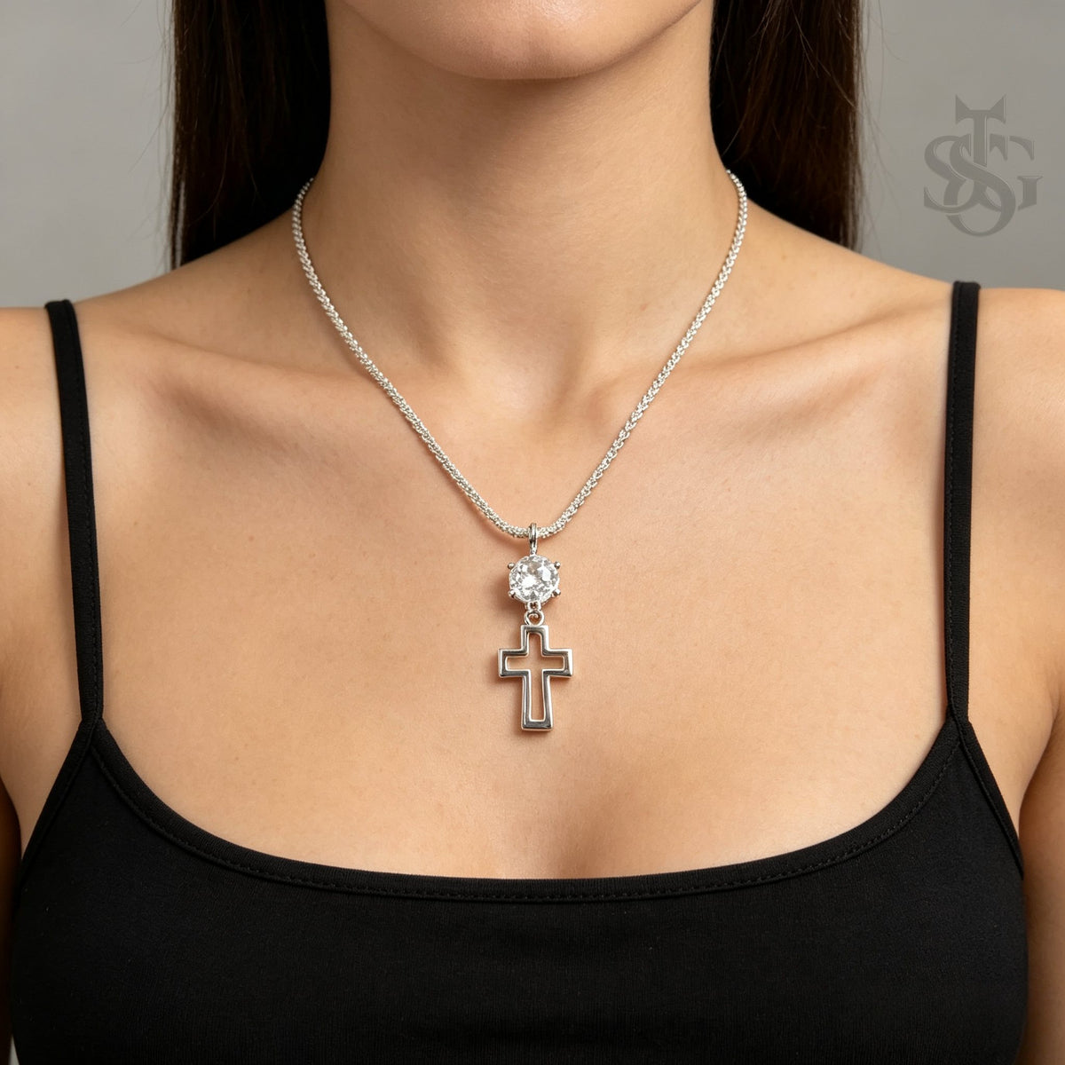Sparkling Crystal Cross Pendant Necklace – Silver Rope Chain Christian Faith Jewelry