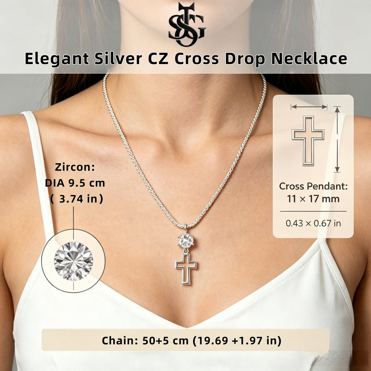Sparkling Crystal Cross Pendant Necklace – Silver Rope Chain Christian Faith Jewelry
