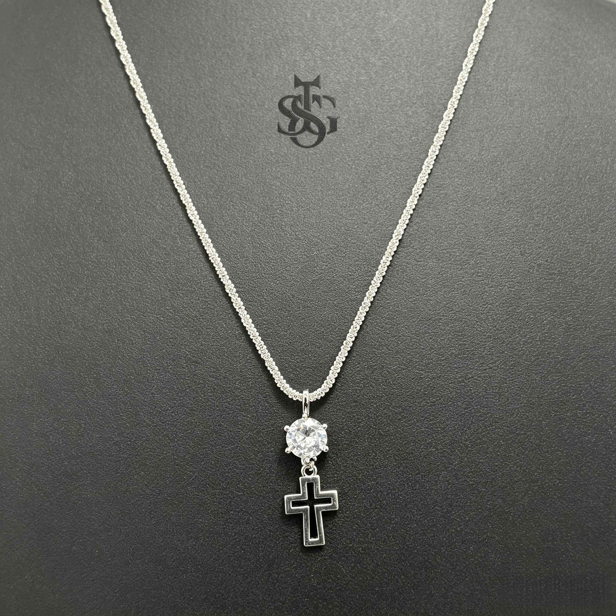 Sparkling Crystal Cross Pendant Necklace – Silver Rope Chain Christian Faith Jewelry