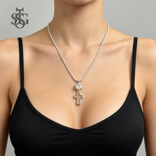 Sparkling Crystal Cross Pendant Necklace – Silver Rope Chain Christian Faith Jewelry