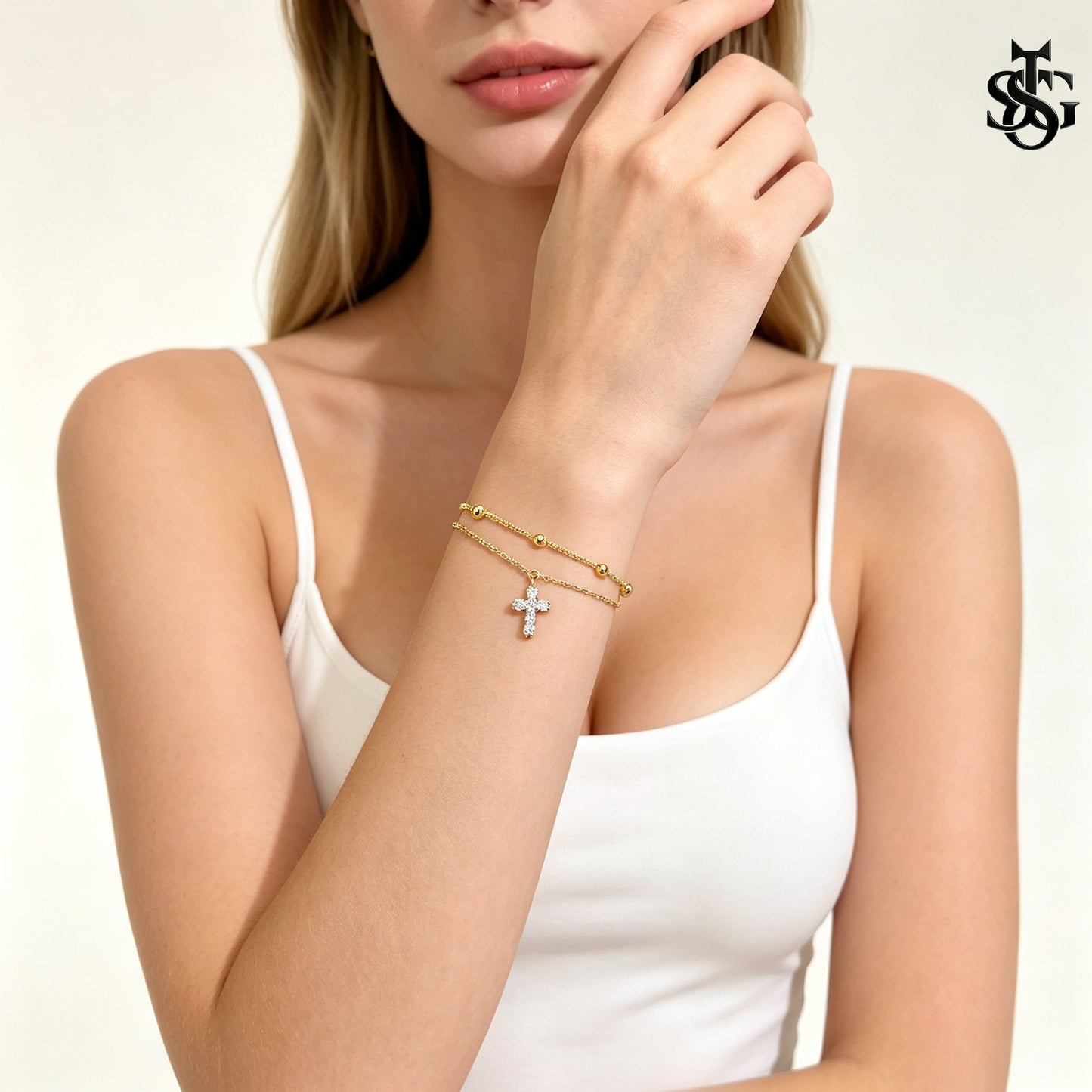 Layered Cross Charm Bracelet – Dainty Luxury Copper Bracelet