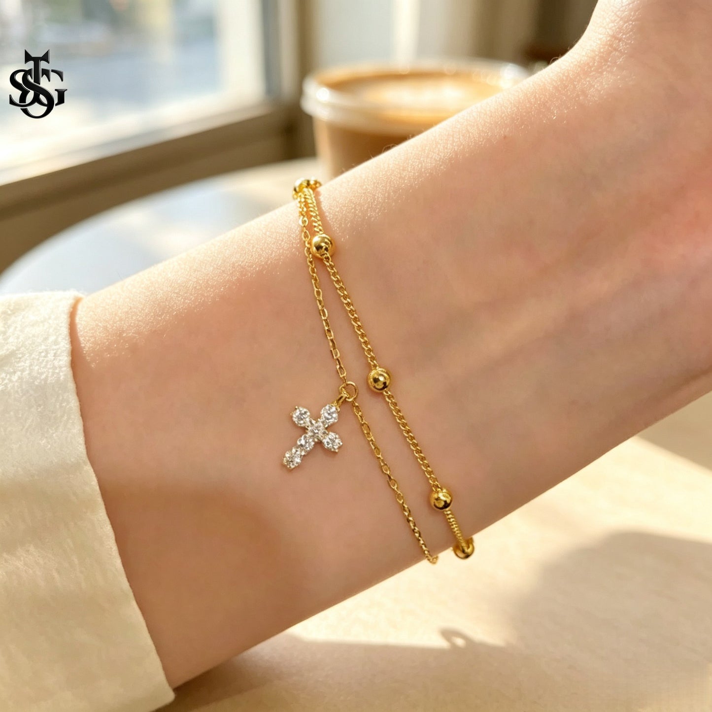 Layered Cross Charm Bracelet – Dainty Luxury Copper Bracelet