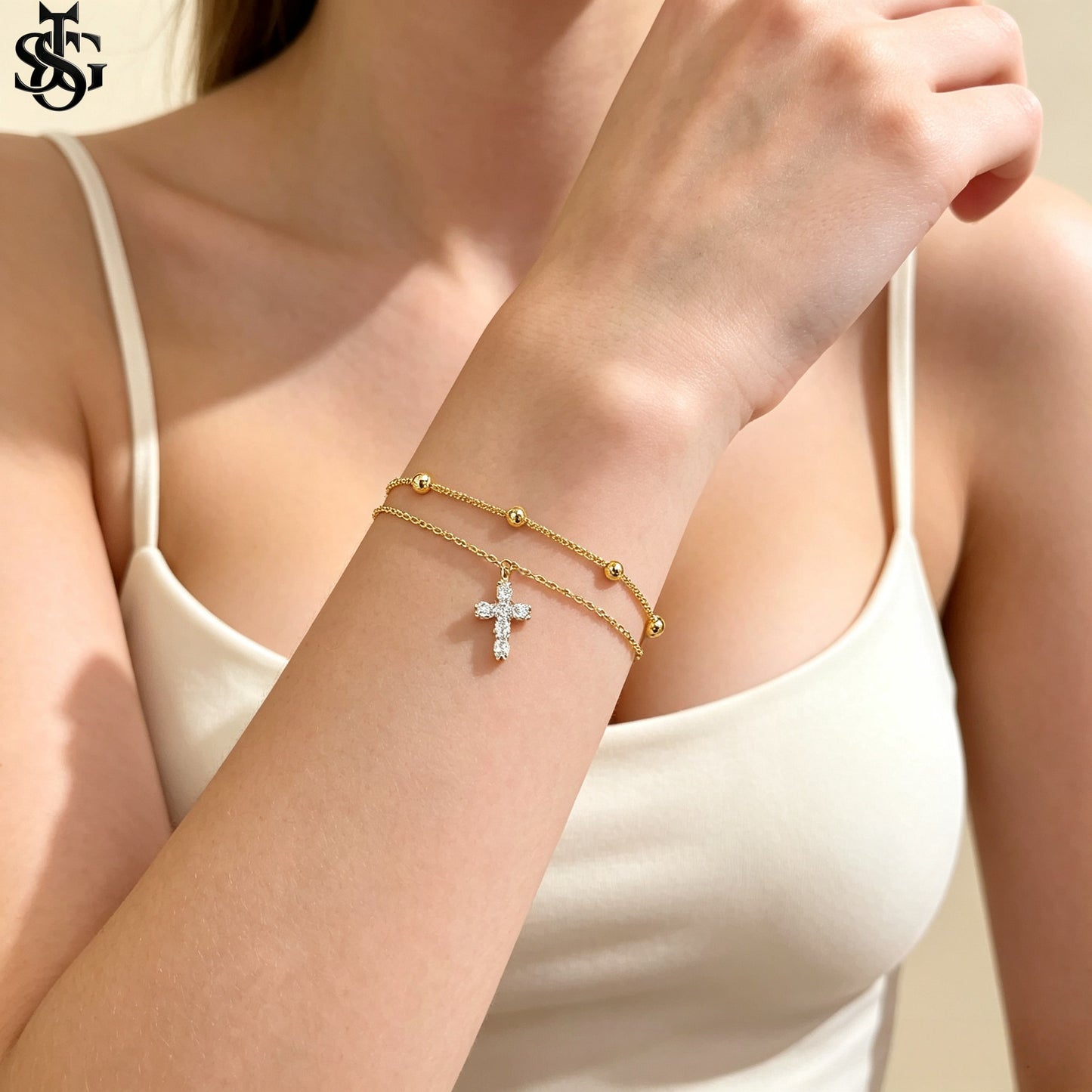 Layered Cross Charm Bracelet – Dainty Luxury Copper Bracelet