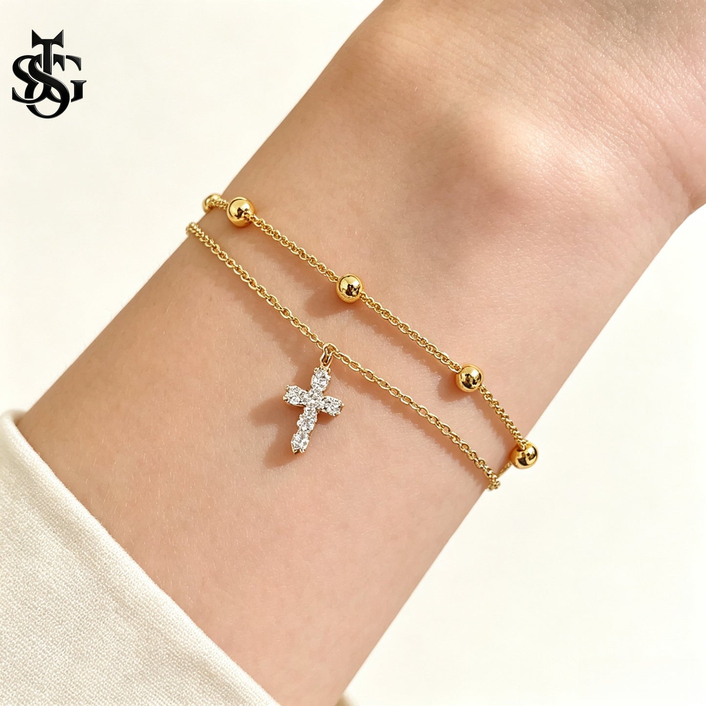 Layered Cross Charm Bracelet – Dainty Luxury Copper Bracelet