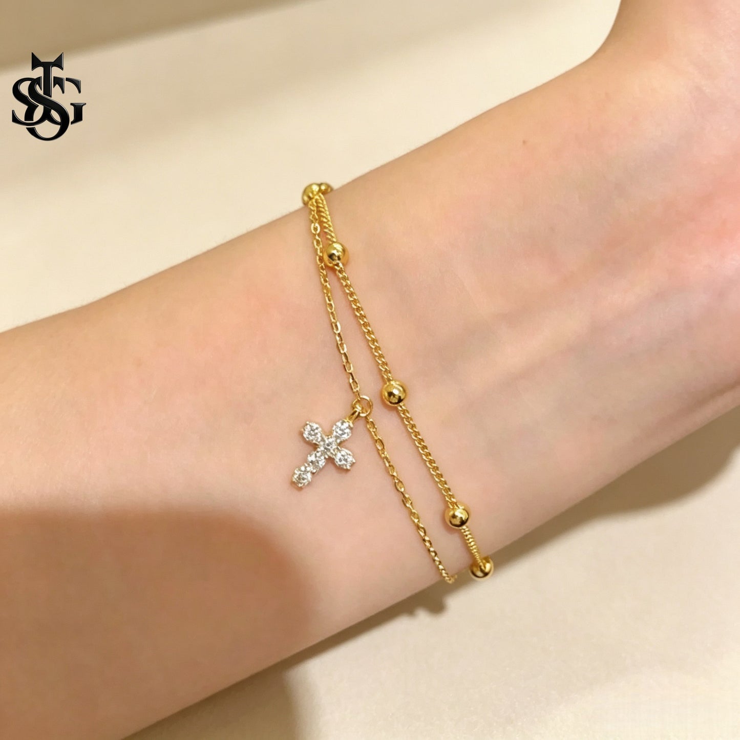 Layered Cross Charm Bracelet – Dainty Luxury Copper Bracelet