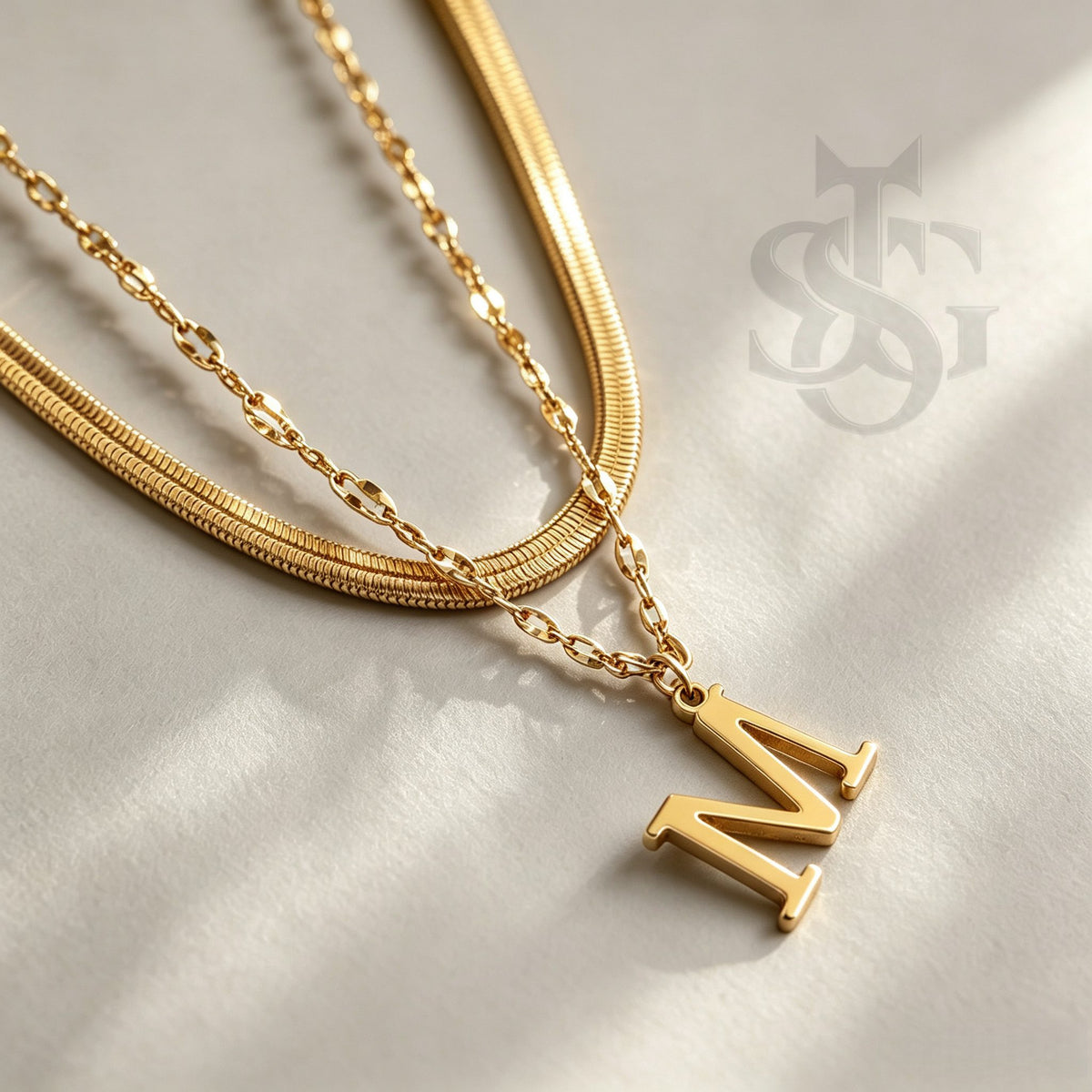 18K Gold Plated Layered Herringbone & Initial Letter Pendant Necklace Set