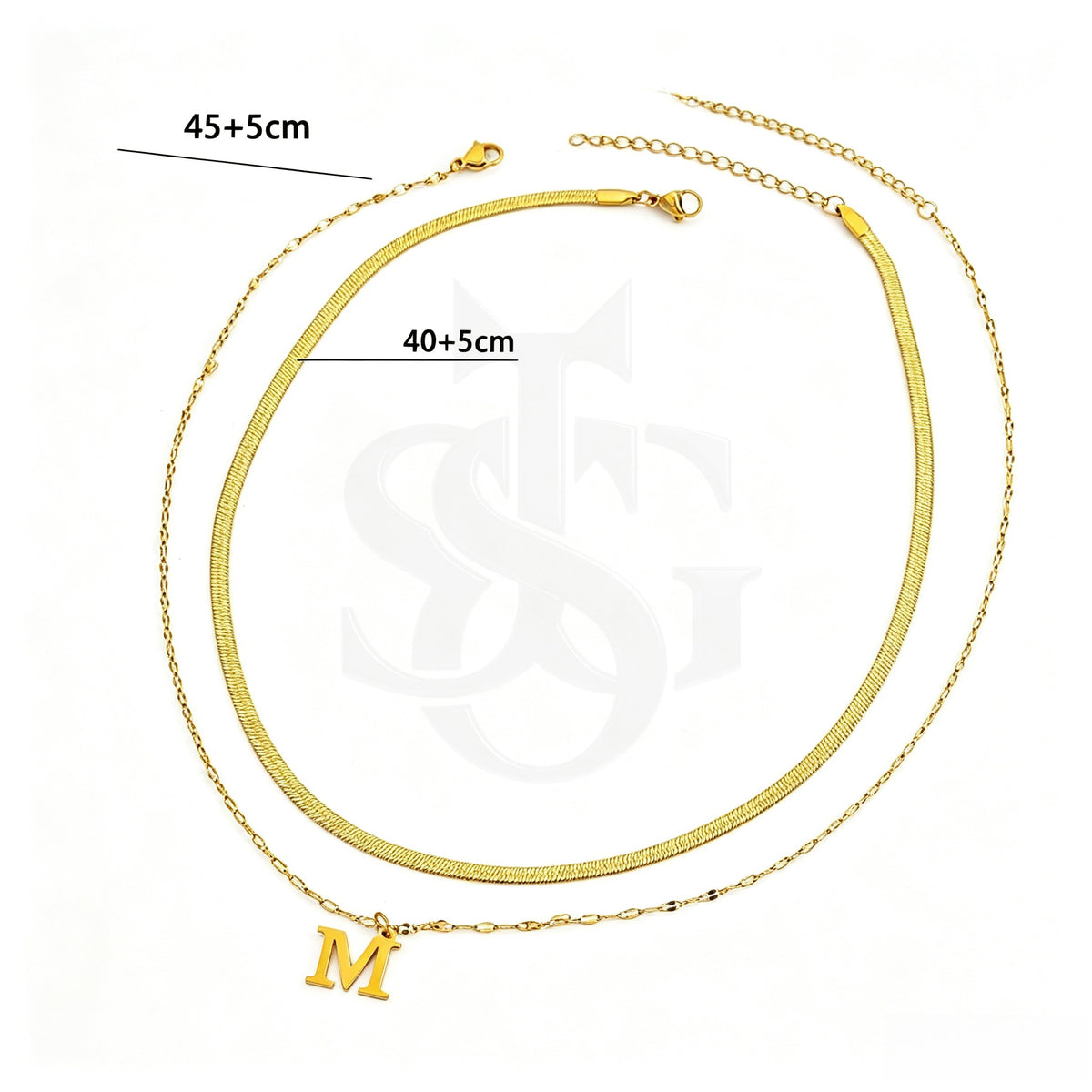 18K Gold Plated Layered Herringbone & Initial Letter Pendant Necklace Set