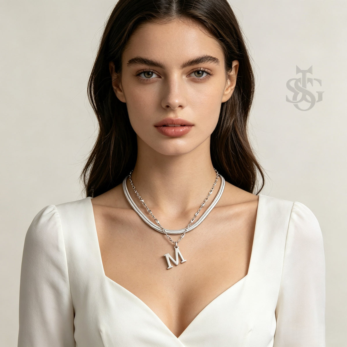 18K Gold Plated Layered Herringbone & Initial Letter Pendant Necklace Set