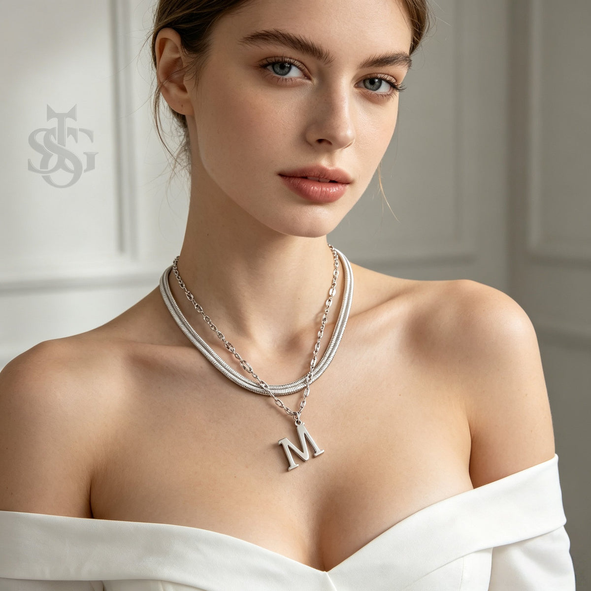 18K Gold Plated Layered Herringbone & Initial Letter Pendant Necklace Set