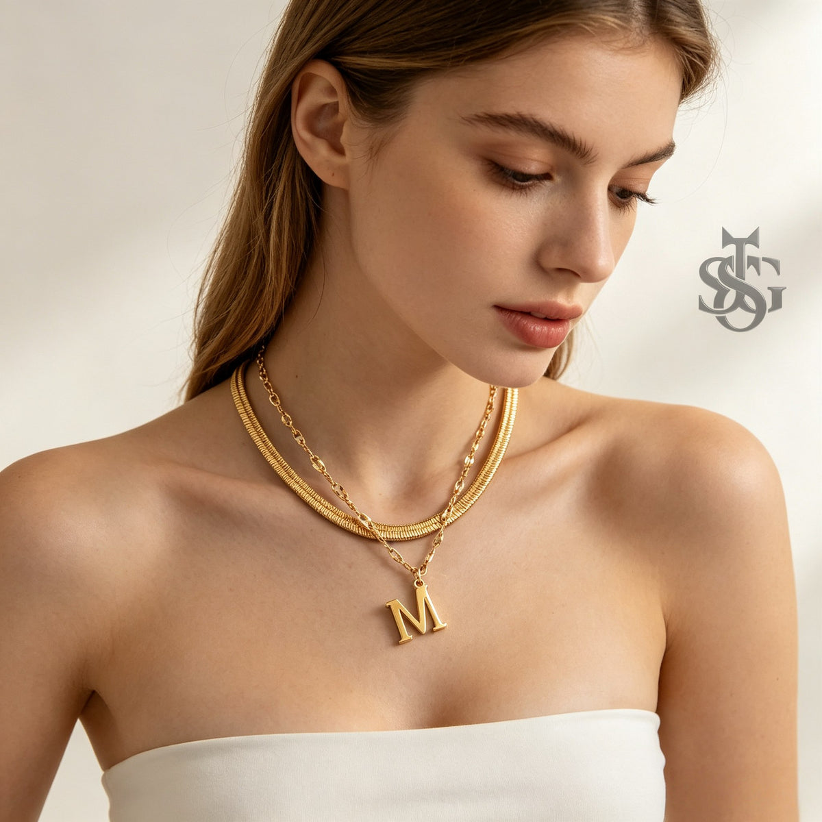 18K Gold Plated Layered Herringbone & Initial Letter Pendant Necklace Set
