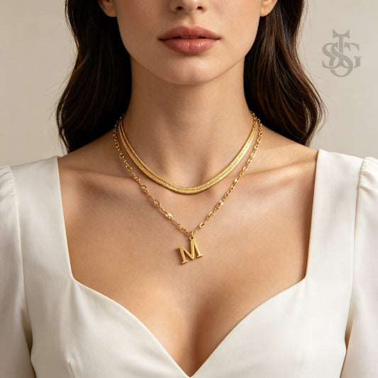 18K Gold Plated Layered Herringbone & Initial Letter Pendant Necklace Set
