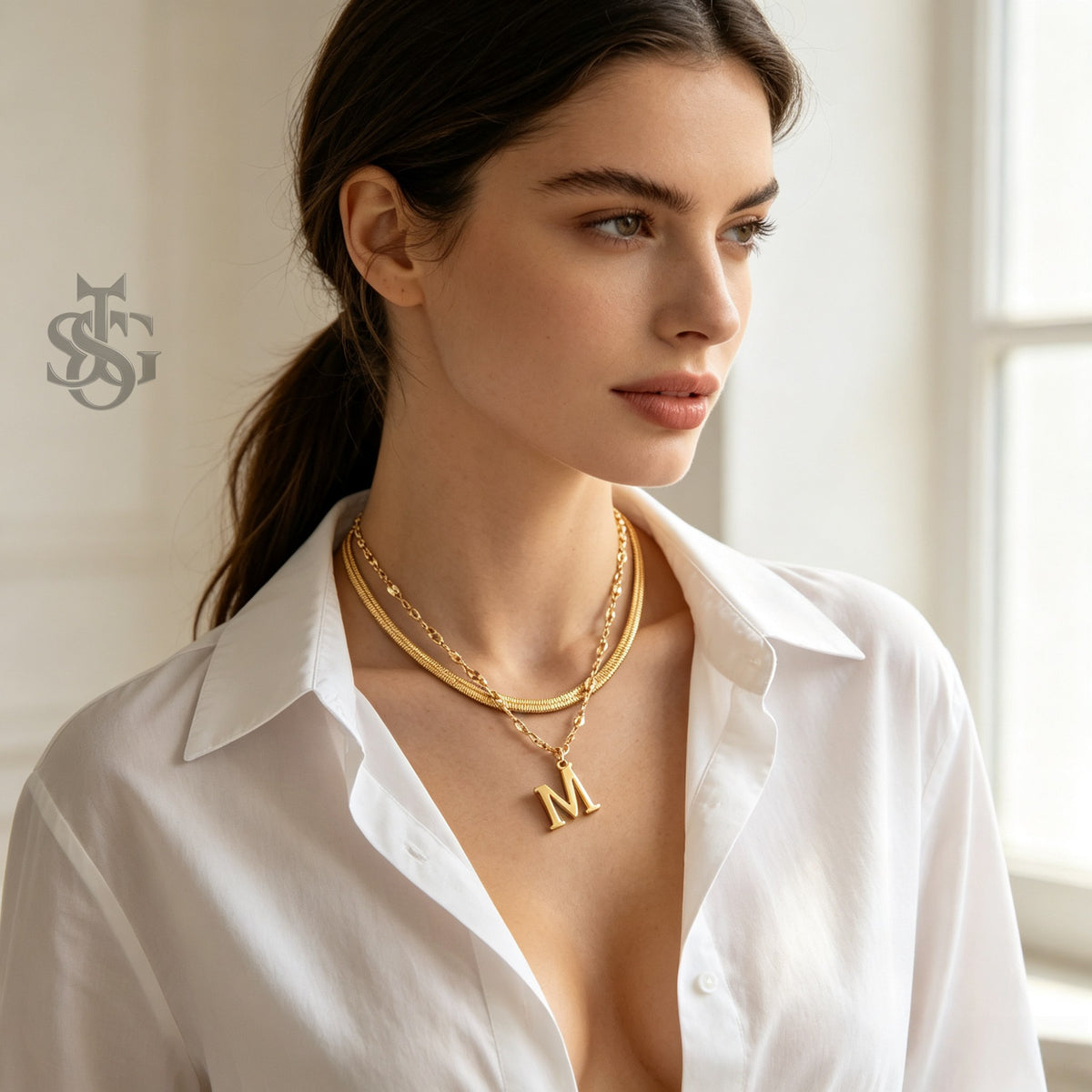 18K Gold Plated Layered Herringbone & Initial Letter Pendant Necklace Set