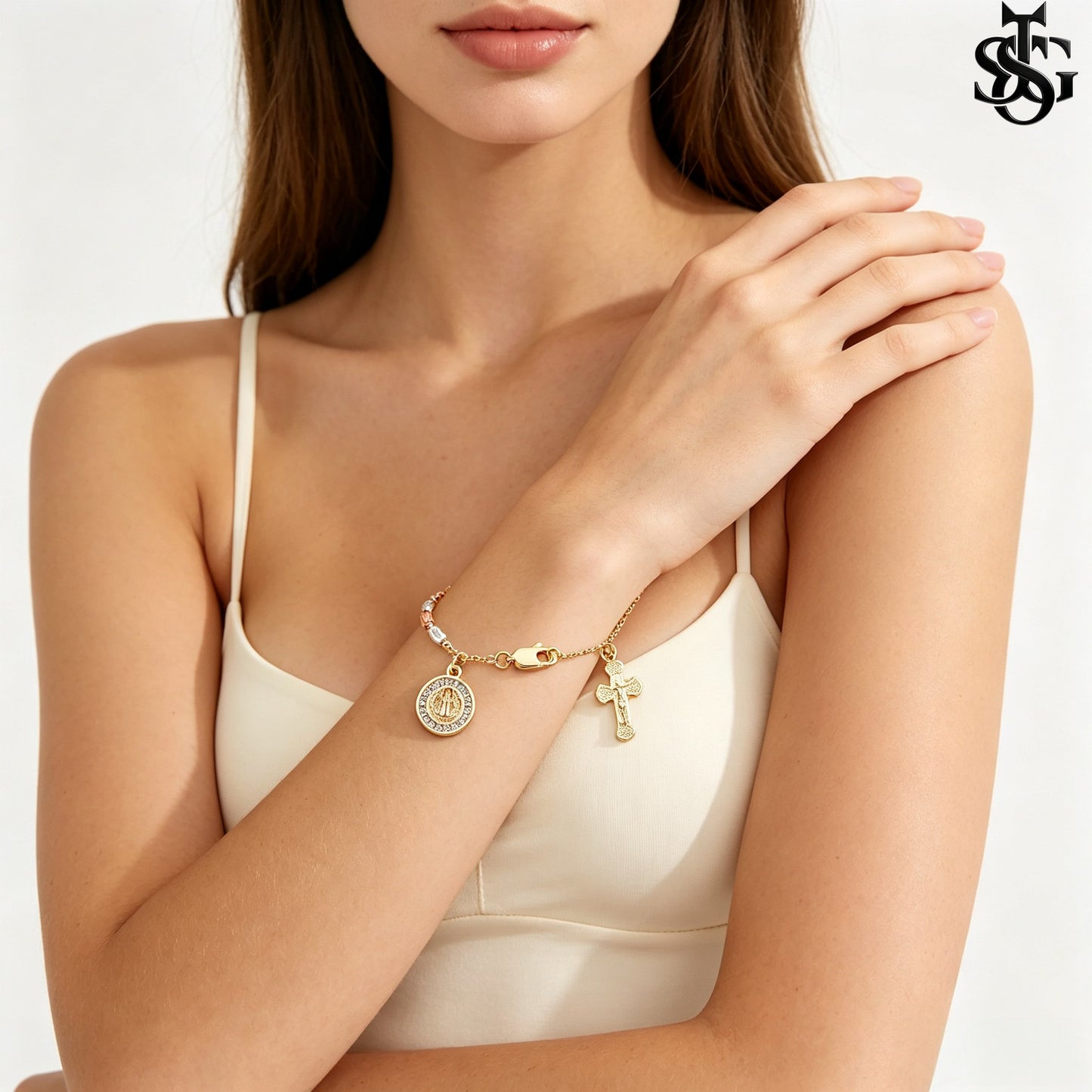 Handmade Guadalupe Faith Bracelet | Cross & Virgin Mary Charm | Tricolor Gold Plated