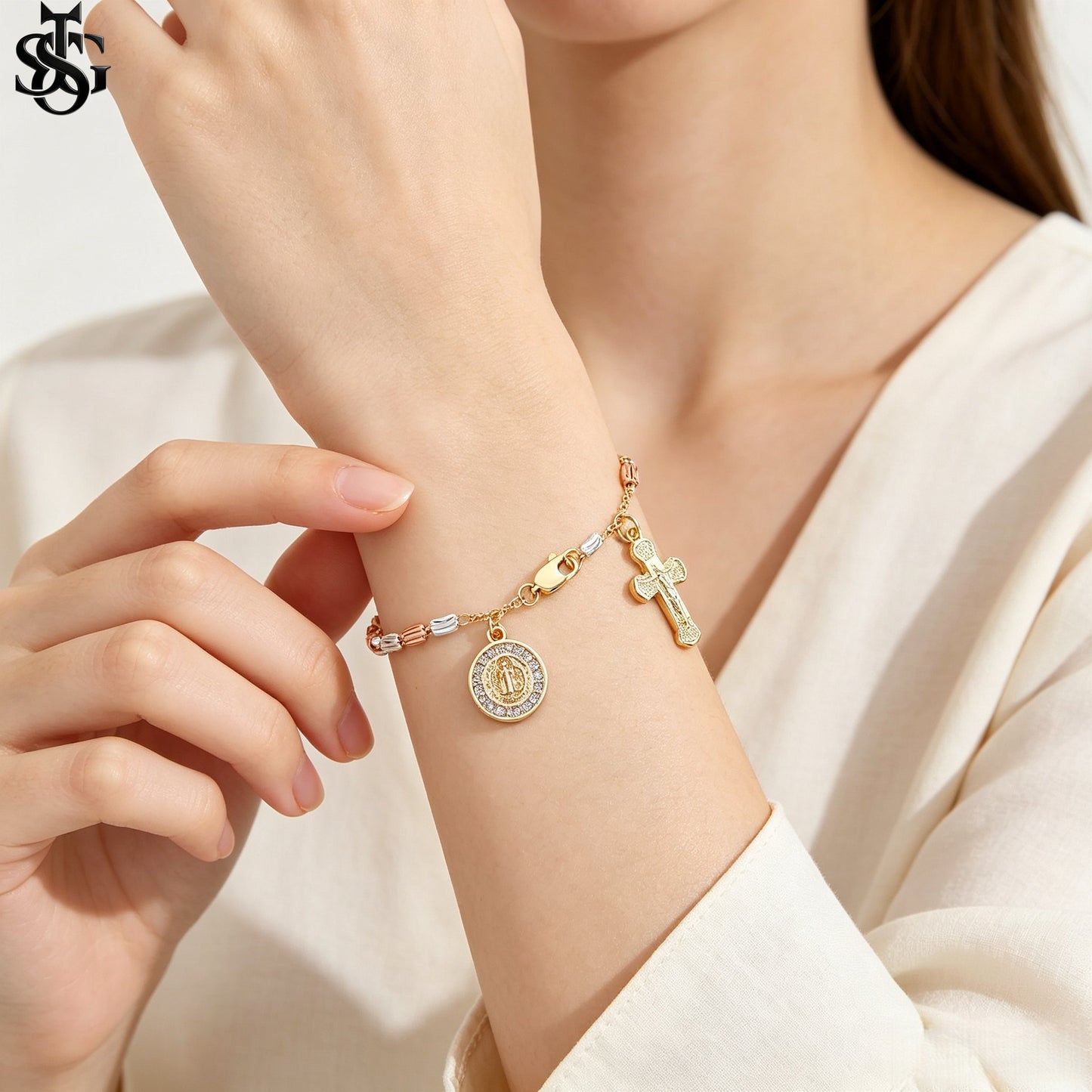 Handmade Guadalupe Faith Bracelet | Cross & Virgin Mary Charm | Tricolor Gold Plated