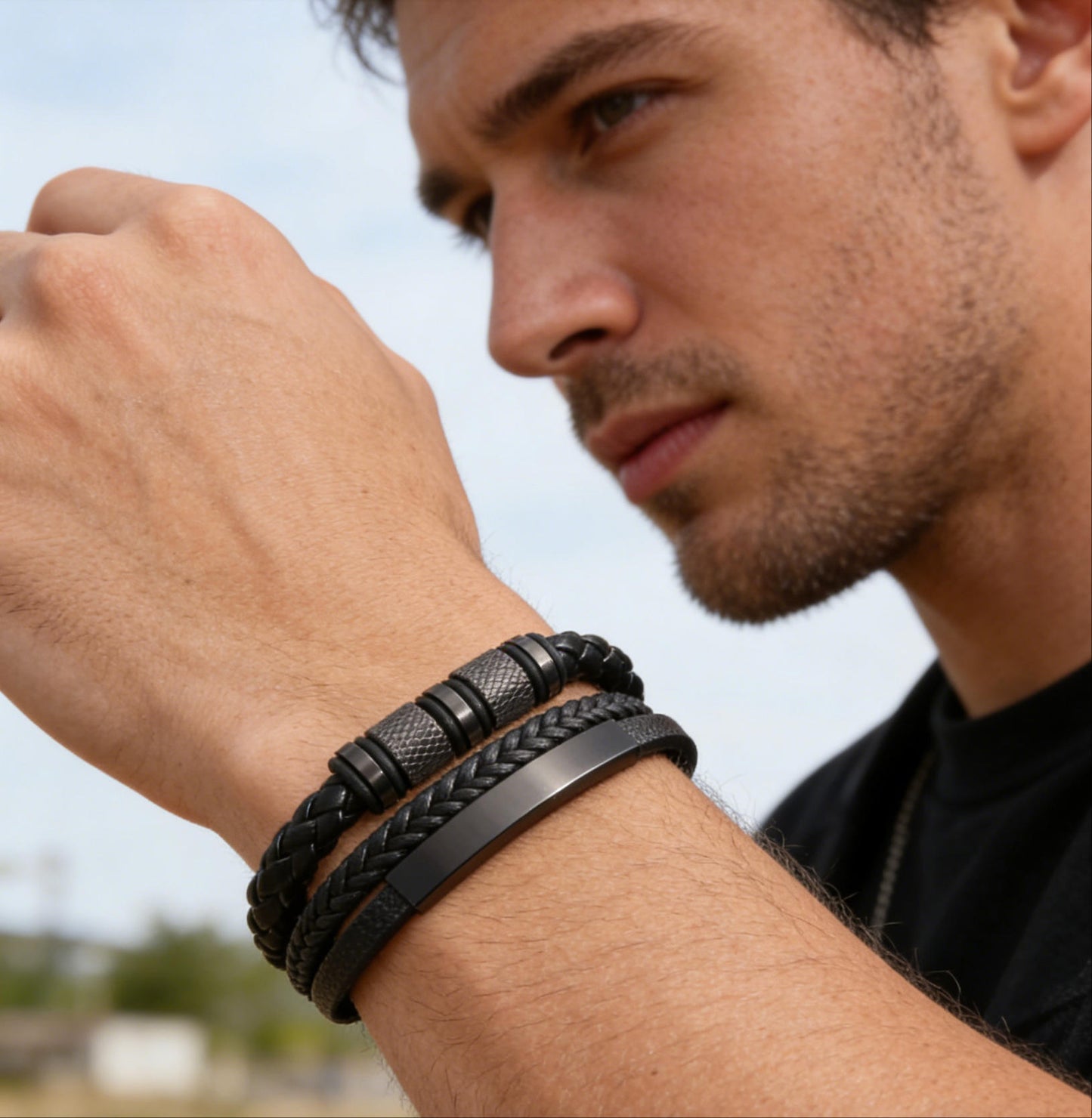 Men's Black Braided Stainless Steel Magnetic Bracelet