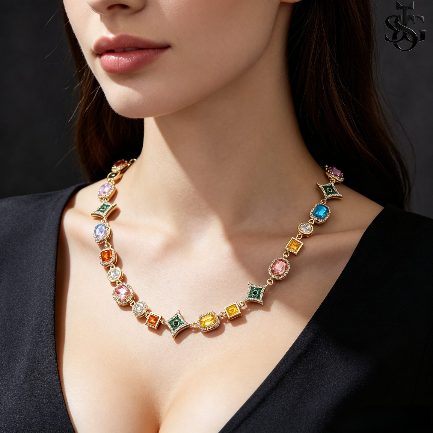 Hip Hop Colorful Zirconia Crystal Necklace – Women's Fashion Rainbow Gemstone Chain | Bridal Party Statement Jewelry & Gift