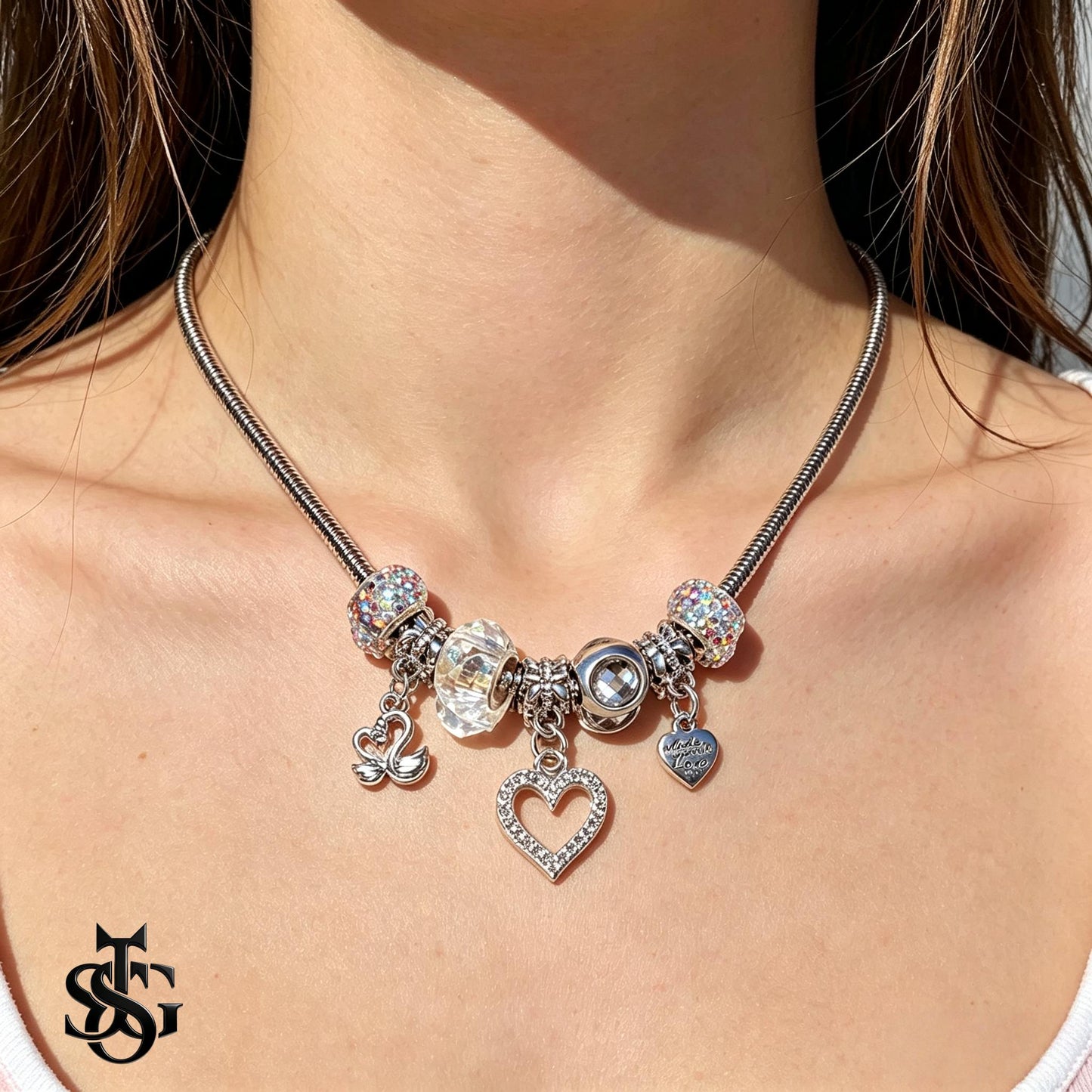 Silver Swan Heart Charm Necklace & Bracelet for Women | Y2K Cute Jewelry Set, Gift for Girlfriend, Party & Everyday