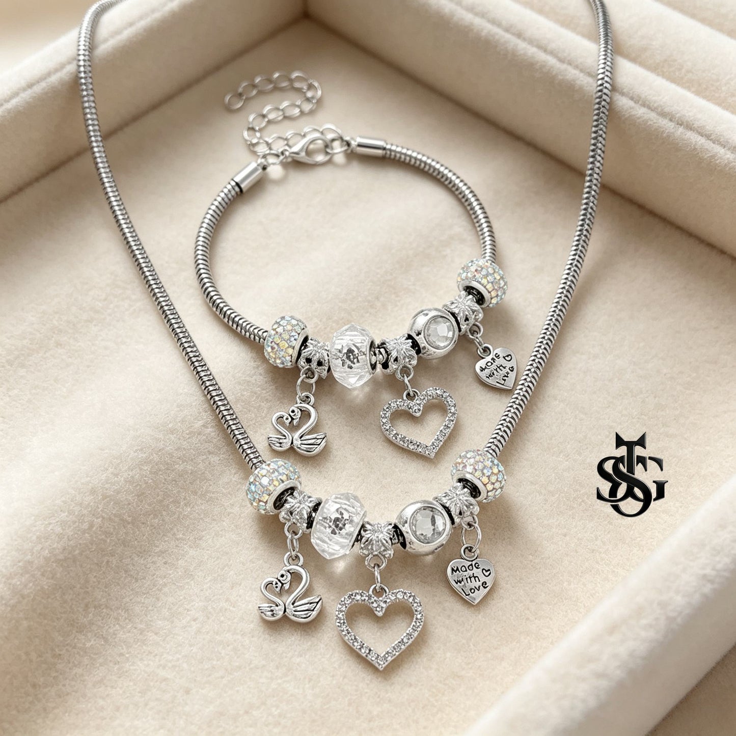 Silver Swan Heart Charm Necklace & Bracelet for Women | Y2K Cute Jewelry Set, Gift for Girlfriend, Party & Everyday