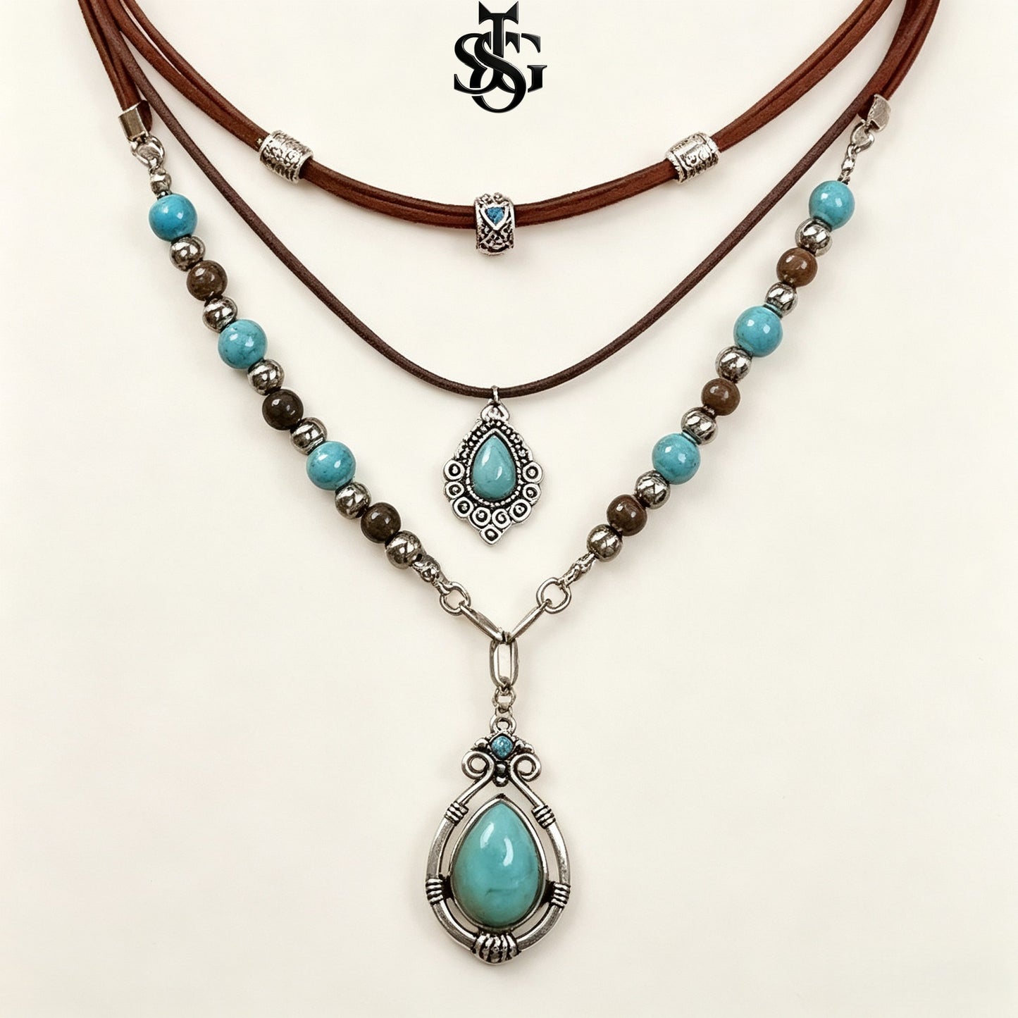 Boho Turquoise Jewelry Set – Layered Necklace, Bracelet & Earrings