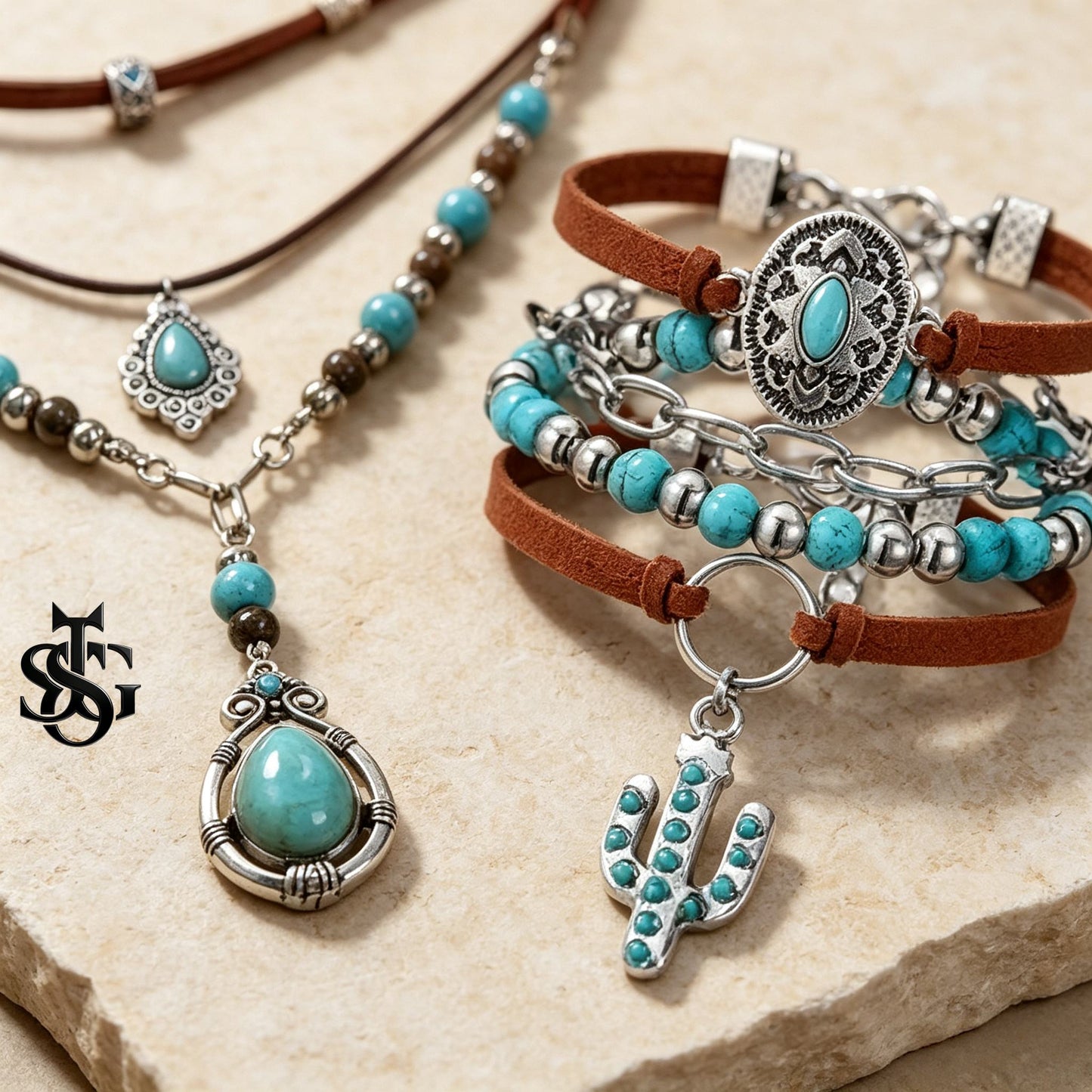 Boho Turquoise Jewelry Set – Layered Necklace, Bracelet & Earrings