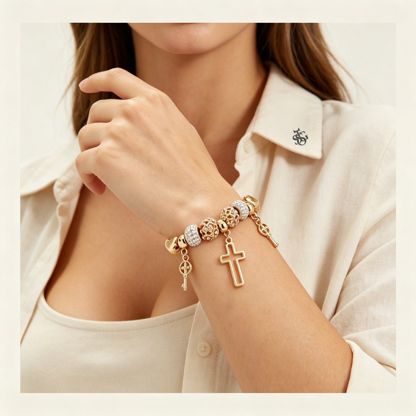 Women's Gold Cross & Heart Charm Bracelet | Crystal Floral Beaded Jewelry