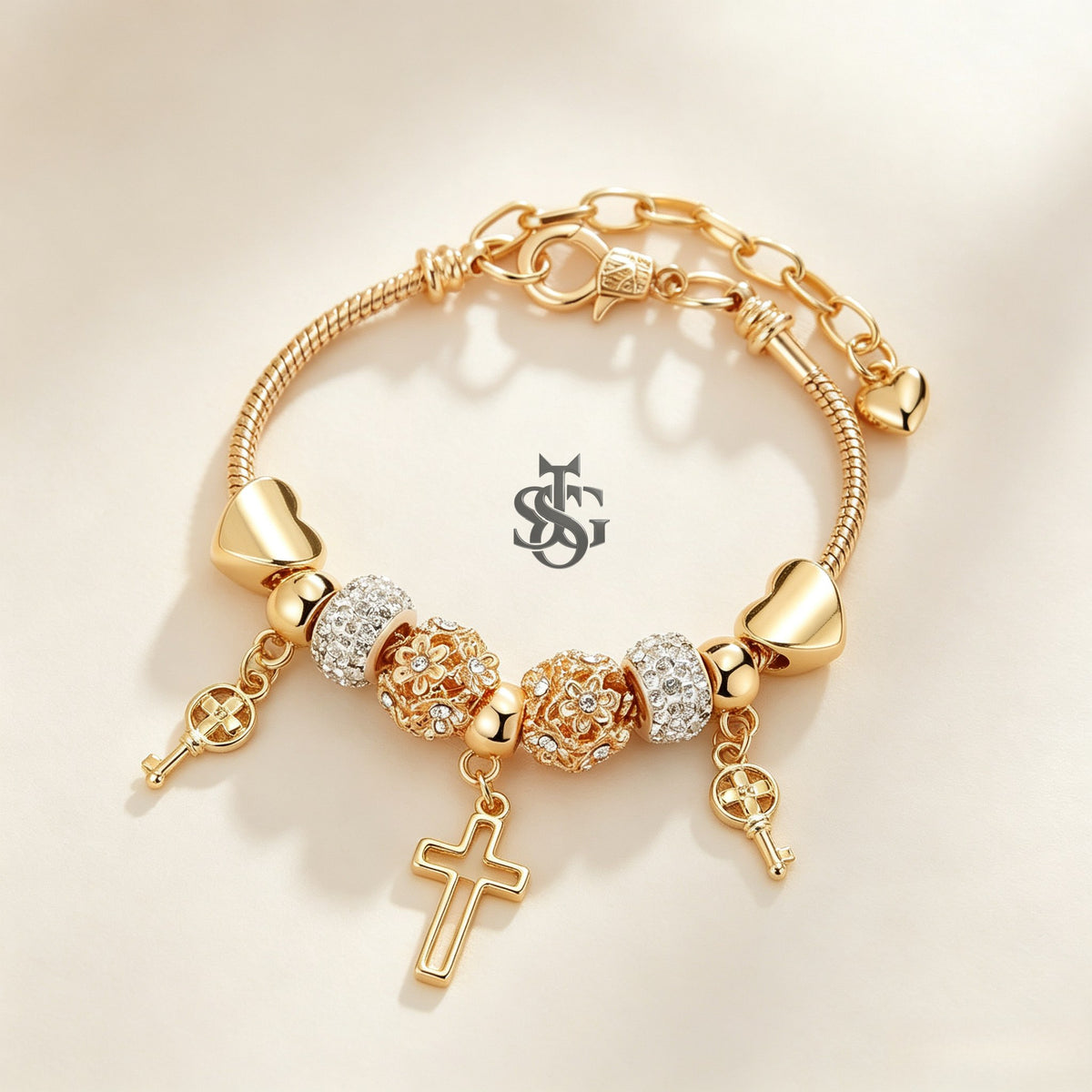 Women's Gold Cross & Heart Charm Bracelet | Crystal Floral Beaded Jewelry