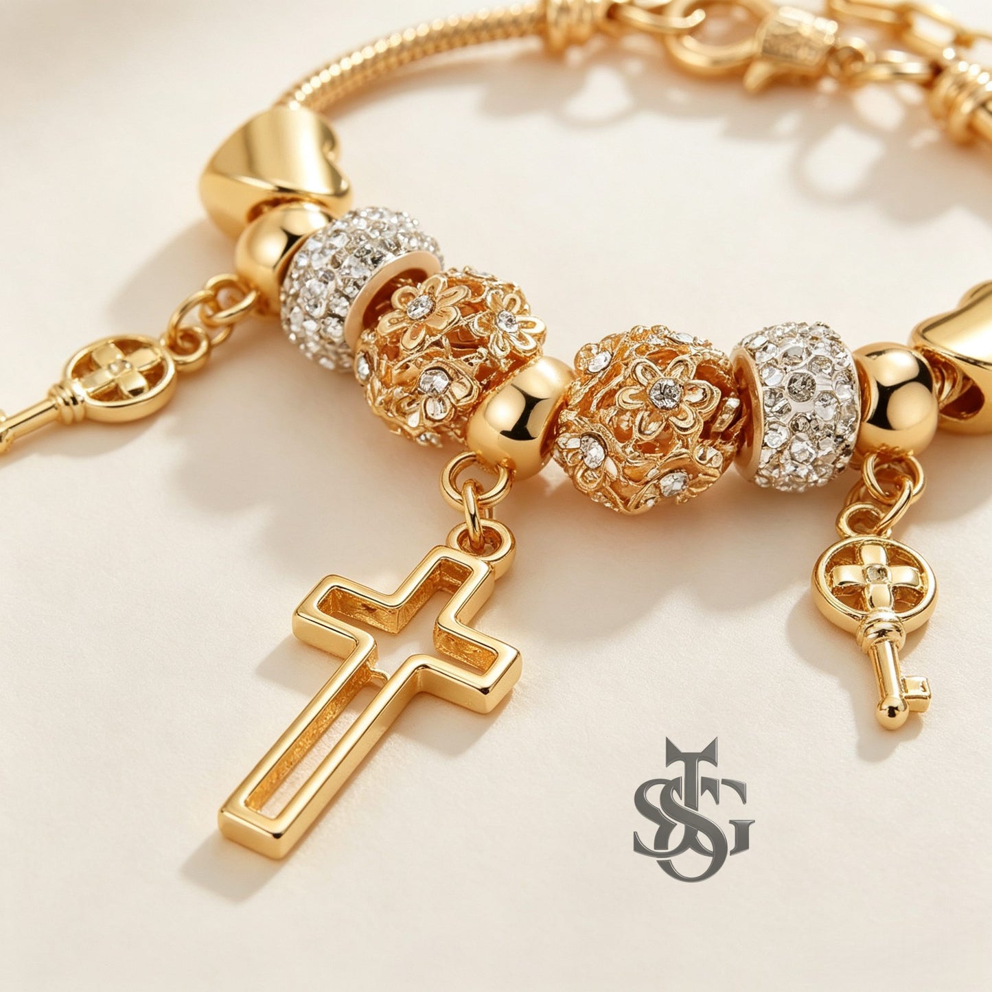 Women's Gold Cross & Heart Charm Bracelet | Crystal Floral Beaded Jewelry