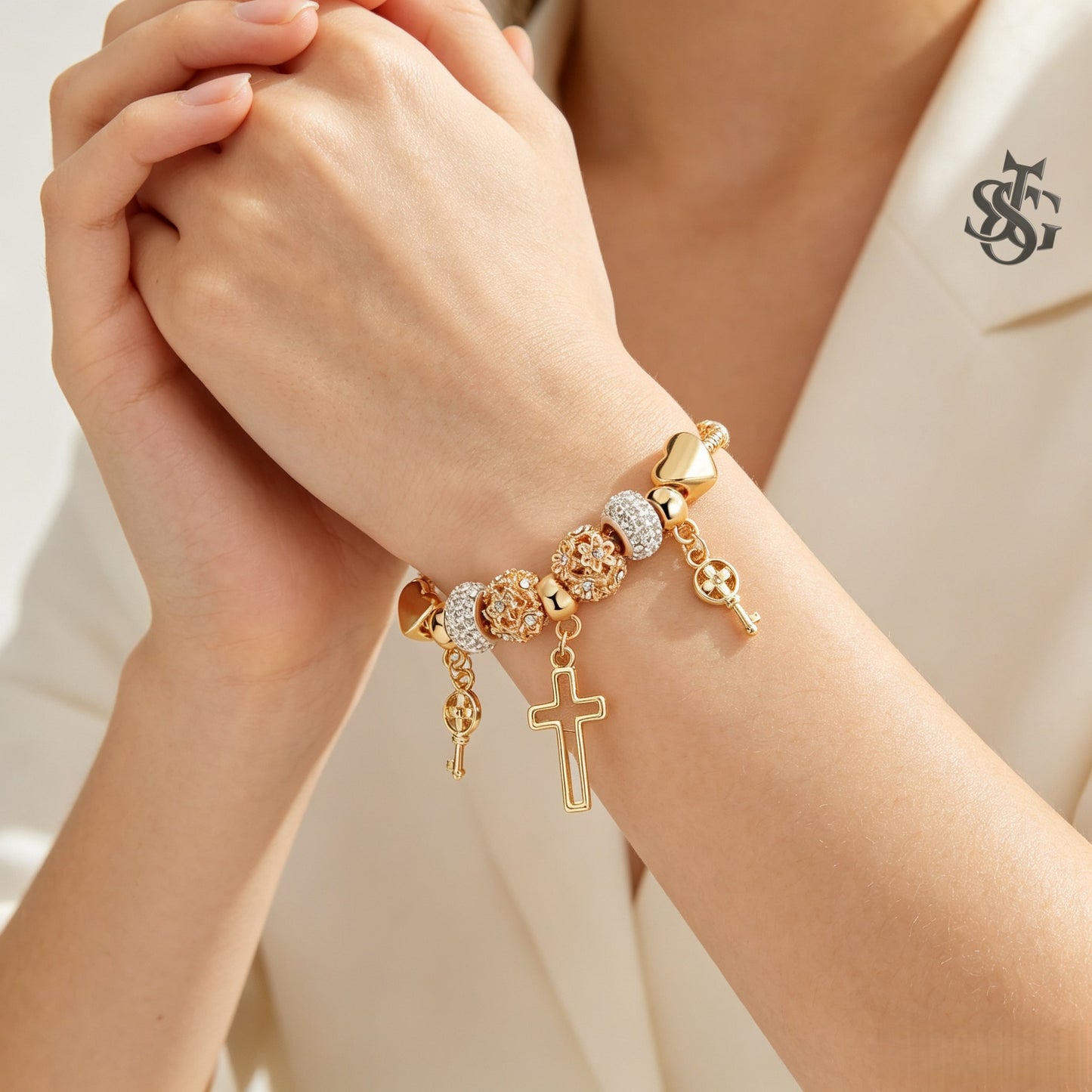Women's Gold Cross & Heart Charm Bracelet | Crystal Floral Beaded Jewelry