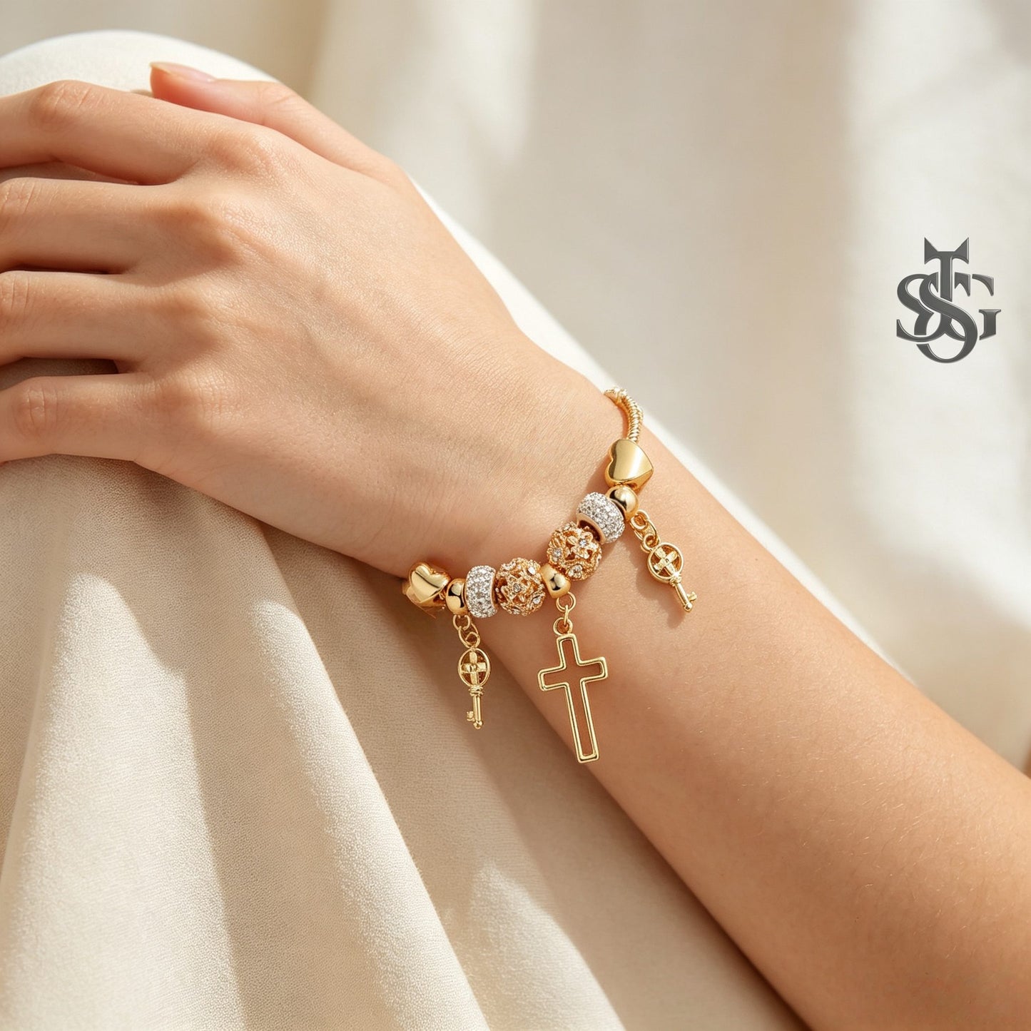 Women's Gold Cross & Heart Charm Bracelet | Crystal Floral Beaded Jewelry